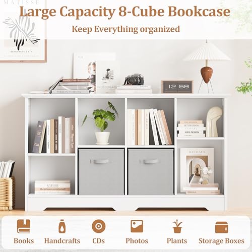 Image of 8 Cube Storage Organizer Shelf, Wood Cubby Storage with 4 Fabric Drawers, 2 Tier Wooden Bookshelf with 2 Adjustable Shelves & Fluted Side Panels for Bedroom, Living Room, Home Office, White