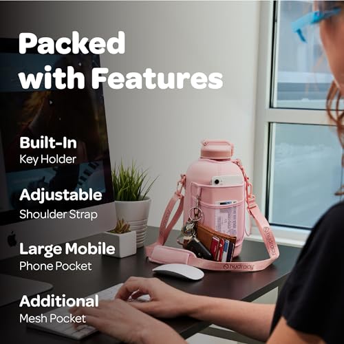 Image of Hydracy Water Bottle Storage Sleeve and Straw- Large Half Gallon 2.3 Litres BPA Free Motivational Time Marker -Leak Proof Gym -Ideal Fitness or Sports & s, Rose Gold Straw 78oz, 2.3L