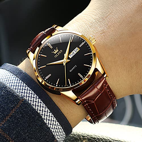 Date Day Man Wrist Watch, Black Dial, Brown,Casual, Dress Watches For Men,Black Steel Leather Band, Luminous And Waterproof #TOP1