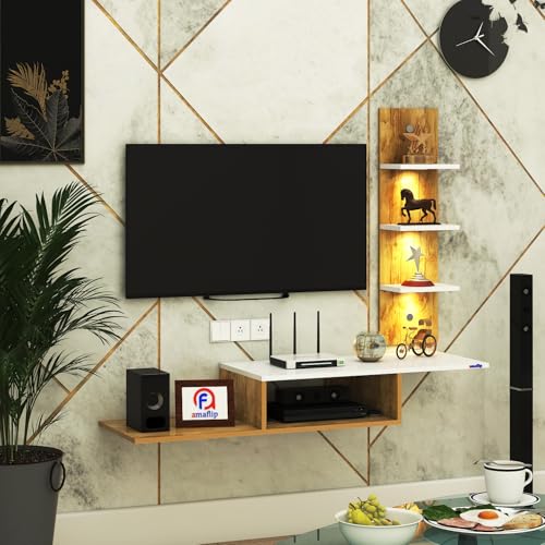 Image of Thomas Engineered Wood LED Light TV Unit Wall Mounted TV Unit Wall TV Stand TV Cabinet for Living Room, Set Top Box Stand - GiantWood /White(D.I.Y - Do-It-Yourself) Ideal for Up to 43 inch Inches