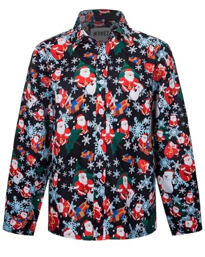 Boy Christmas Santa Claus Party Long Sleeve Shirt Kids Funny Xmas Holiday Printed Button Down Dress Shirt