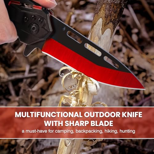 Image of FUNBRO Pocket Knife for Men, Spring Assisted Folding Knife with 3.4 inch Stainless Steel Sharp Blade, Cool Flipper Open EDC Knives with Clip for Outdoor Camping Hiking, Gifts for Him Dad Husband (Red)