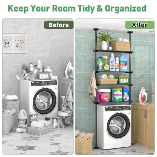 Image of SUNALLY Over The Toilet Storage Shelf, 4-Tier Adjustable Over Toilet Bathroom Organizer,Tension-Mounted Bathroom Storage Rack for Ceilings, No Drill Space-Saving Shelving for Small Rooms,Black