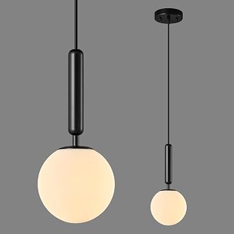 Modern Hanging Light Fixture Pendant Lighting for Kitchen Island Mid Century Black Pendant Lights with Globe Milky White Glass Pendant Light for Bedroom Bathroom Entryway 1 Pack