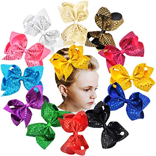 12PCS Glitter Hair Bows Clips 6Inch Sparkly Sequin Glitter Bows Grosgrain Ribbon Hair Bow Alligator Hair Clips Hair Accessories for Girls Toddlers Kids Children Teens