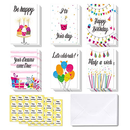 48 Happy Birthday Cards, Ohuhu Folded Card for Kids Birthday, Blank Inside Greeting Note Cards W/White Envelopes and Stickers, Candle, Cake, Balloon, Gift, Spark, Banner Designs Card Stocks