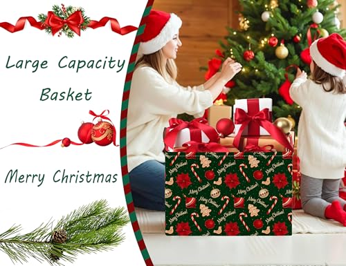 Image of Large Christmas Gifts Empty Baskets Kids Collapsible Holiday Storage Bin with Handle (Golden Tree Red Flower)