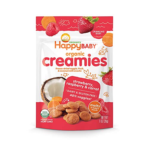Happy Baby Organic Creamies Freeze-Dried Veggie & Fruit Snacks with Coconut Milk Strawberry Raspberry & Carrot, 1 Ounce Bag (Pack of 8)