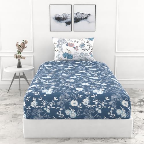 Image of Blue Strip Polycotton Fitted Bedsheet, Single 42x75 (Blue+White Gulab) | 300 TC | All-Round Elastic Grip | Soft, Breathable & Colourfast | Wrinkle Resistant | Machine Washable