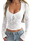 Matunana Womens Long Sleeve Going Out Tops Lace V Neck Mesh Crop Shirts Sexy Sheer Cute Y2K Fall Trendy Winter Outfits 2026 White