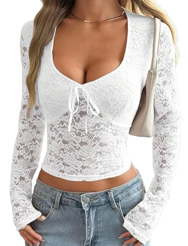Matunana Womens Long Sleeve Going Out Tops Lace V Neck Mesh Crop Shirts Sexy Sheer Cute Y2K Fall Trendy Winter Outfits 2025 White