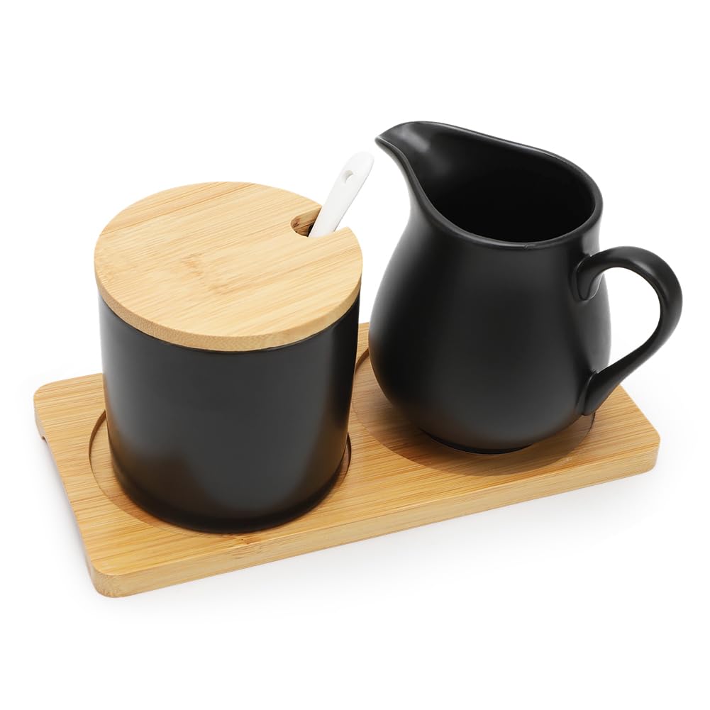 Set latte e zucchero con coperchio e cucchiaio, brocca per latte in ceramica con vassoio in legno, brocca per latte in ceramica nera e zuccheriera con vassoio in legno, adatto al microonde e