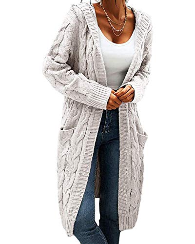 Image of Women Hooded Open Front Cardigan Cable Knit Chunky Long Sweater Coats