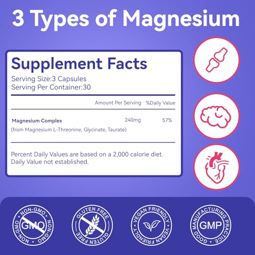 Image of Magnesium Supplement - Magnesium Complex- 3 Forms: Magnesium L-Threonine, Glycinate & Taurate - Supports Relaxation & Brain Health, 90 Veggie Capsules