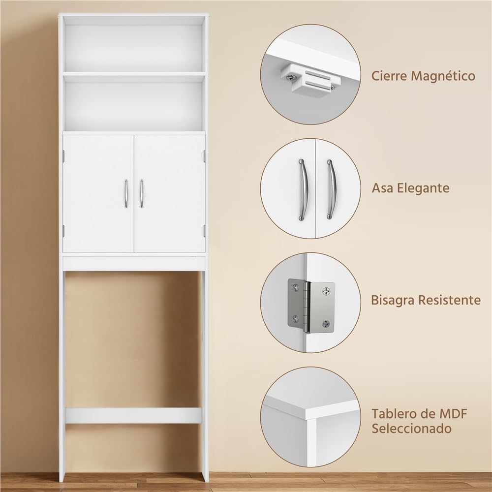 Yaheetech Mueble sobre Inodoro 72x20x195 cm con Estante Ajustable y 2 Puertas Armario para el Inodoro Almacenamiento sobre el Inodoro WC Mueble para Baño