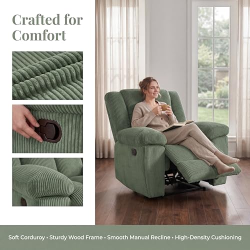 Image of Oversized Corduroy Recliner Chair, Manual Lazy Boy Recliner with Home Theater Seating, Breathable Living Room Reclining Chair for Adults Reading, Gaming, Relax, Green
