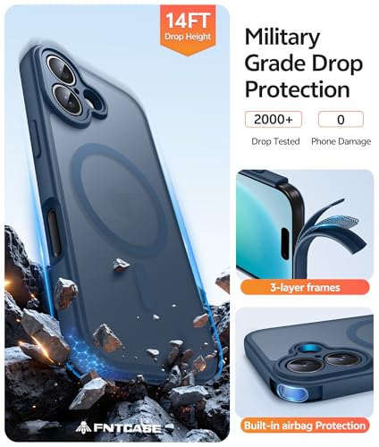 Image of FNTCASE for iPhone 16 Case [Compatible with Magsafe] Translucent Matte Cases with [Screen Protector] Military Grade Shockproof Protective Phone Cover - Blue