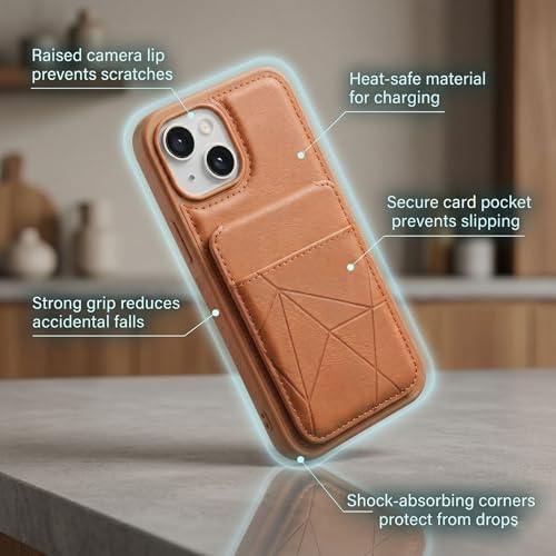 Image of amazon basics Premium Vegan Leather Back Cover with Card Holder and Integrated Mobile Stand for iPhone 15 - Slim Shockproof Wallet Case with Geometric Stitching [Tan]