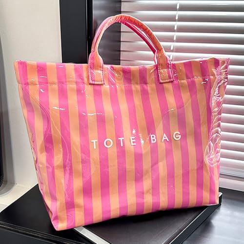 Image of Striped PVC Tote Bag for Women, Waterproof Plastic Hobo Handbag Summer Tote for Beach, Pool & Ideal Gift