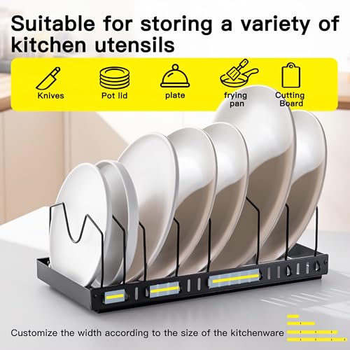 Image of Livzing Pan & Pot Organizer Rack for Cabinet - Stainless Steel Adjustable Sliding Kitchen Rack for Frying Pan, Plate, Lids - Under Cabinet Storage for Modular Kitchen - Expandable Cookware Organizer