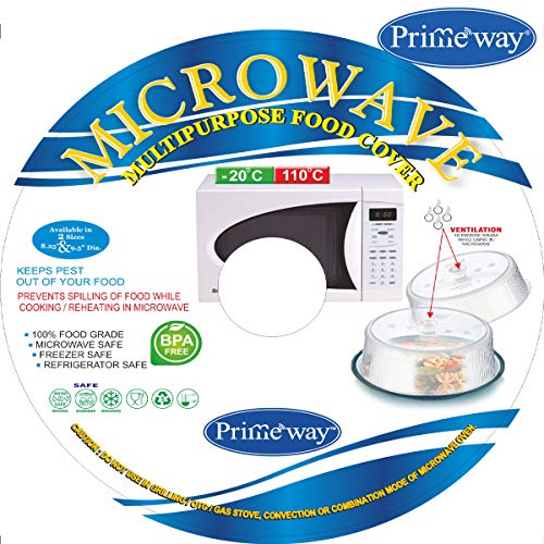 Image of Primeway Plastic O 21cm Microwave Splatter Free Lid | Quarter /Half Plate Size | Multipurpose Food Cover | 8.25in Diameter | H-5.8cm | Small | Clear