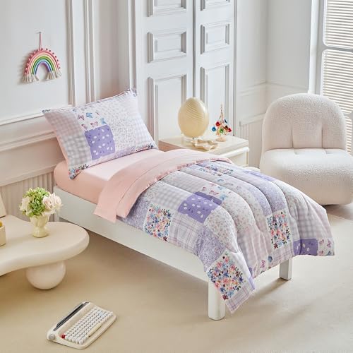 Image of Joyreap 4 Piece Toddler Bedding Set- Pink n Purple Floral Butterflies Patchwork Design, Microfiber Toddler Bedding Comforter Set for Girls