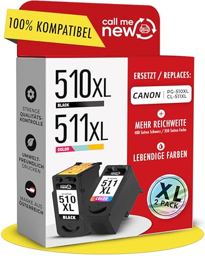 Callmenew 510XL & 511XL Druckerpatronen kompatibel mit Canon Druckerpatronen 510 511 (PG-510 Schwarz & CL-511 Farbe) XL Reichweite Smart-Chip Ersatz für Canon 510 511 Multipack 2er Multipack