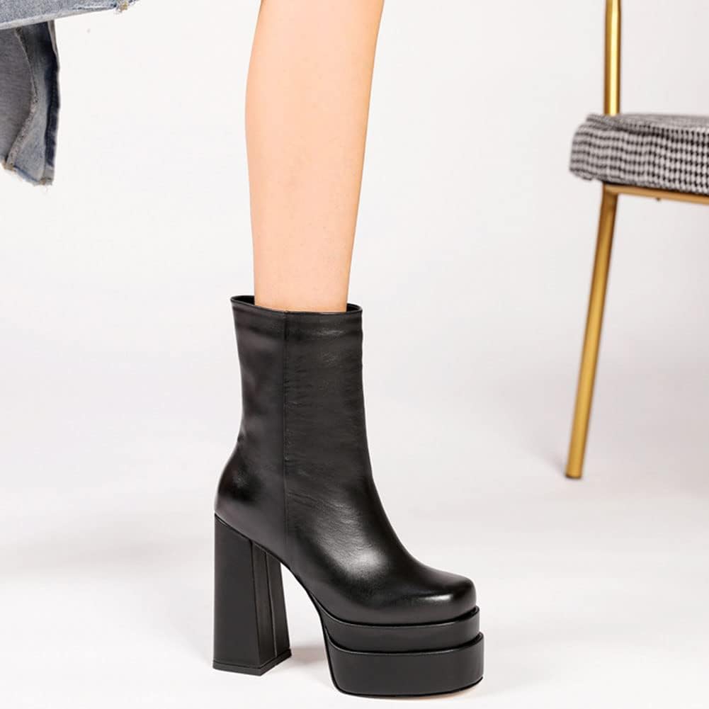 Women's Chunky Platform Boots - Black, All-Season, Ankle-High, Pull-On, Faux Leather, Casual, SMBT22001