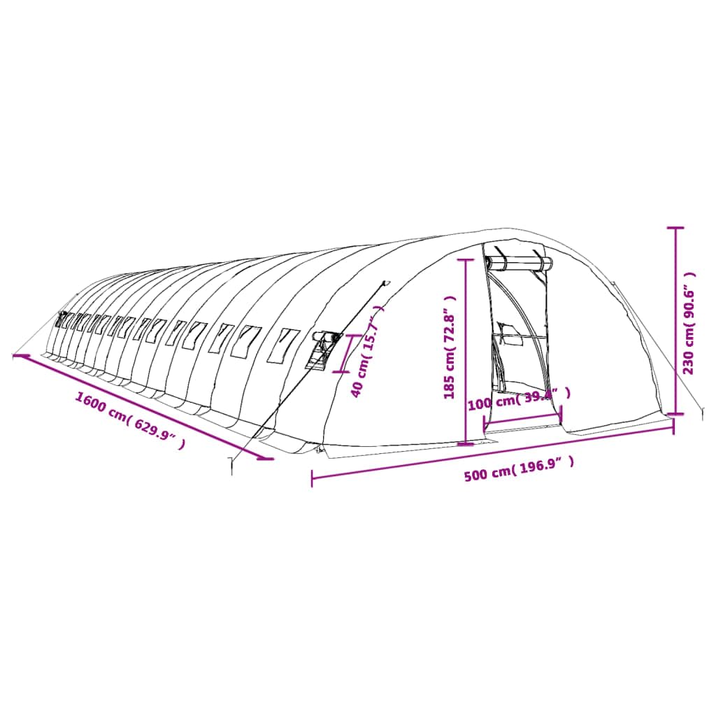 Szklarnia ze stalową ramą, biała, 80 m², 16 x 5 x 2,3 m, tunel foliowy z PE 140 g m², odporny na rozdarcie domek dla roślin do domku na pomidory, domek do uprawy pomidorów, do uprawy