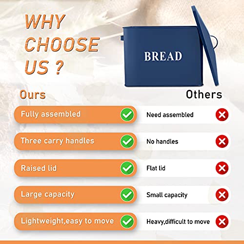 P&P Chef Navy Blue Farmhouse Bread Box For Kitchen Counter, Large Metal Bread Storage Container To Hold 2+ Loaves, High Side & 3 Handles For Indoor Food Collection & Outdoor Picnic #TOP6