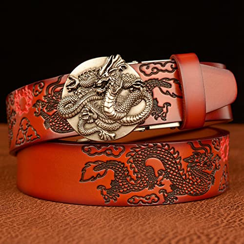 Men's Cowhide Leather Slide Ratchet Belt With Dragon Engraved Automatic Buckle - Western Embossed Waist Strap4