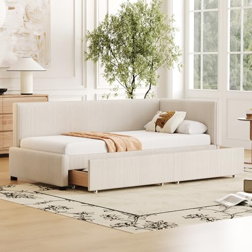 VSOGA Cama tapizada sofá cama 90 x 200 cm, cama multifuncional con 2 cajones grandes de almacenamiento, terciopelo respetuoso con la piel, color beige