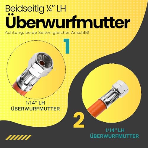 Gasschlauch 1,5 m – Propangasschlauch für Gasgrill & Campingkocher – Gas Schlauch 1/4\ LH Linksgewinde – Gasschlauch Verlängerung – DVGW zertifizierter Gasanschlussschlauch