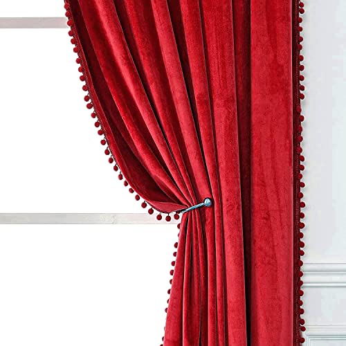 Image of Amazon Brand - Umi Velvet Eyelet Door Curtains with pom pom Lace for Living Room Bedroom Kitchen 1 pc Pack in Red Color (Door - 4 feet x 7 feet)