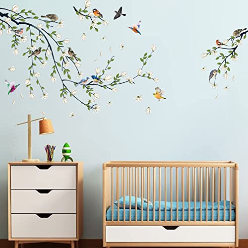Tanlaby Stickers Muraux Fleuri Blanc Autocollants Muraux Magnolia Sticker Mural Oiseaux sur Branche pour Adultes Salons Chambres Maison Bureaux Canapé Fond Décoration Murale