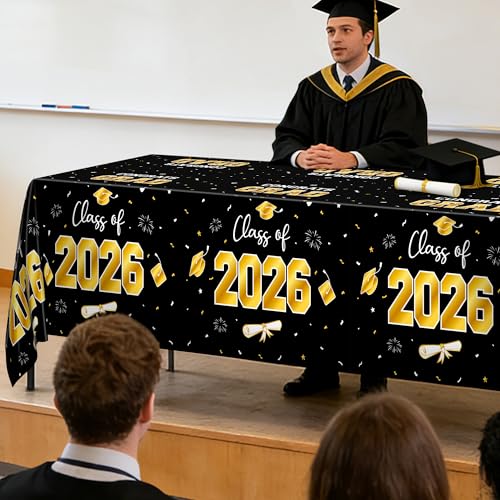 Image of QZYL 4 Pack Graduation Decorations, 54 inch x 108 inch Black and Gold Rectangle Graduation Table Cloths, Plastic Tablecover for College Congrats Grad, Disposable Grad Party Decorations for Class of 2026