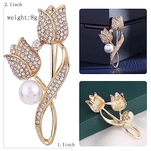 Image of Crystal Pearl Flower Brooches Pins Fashion Beautiful Created Rhinestone Floral Brooch Good Idea for Party Dance Wedding Banquet for Elegant Women Girl
