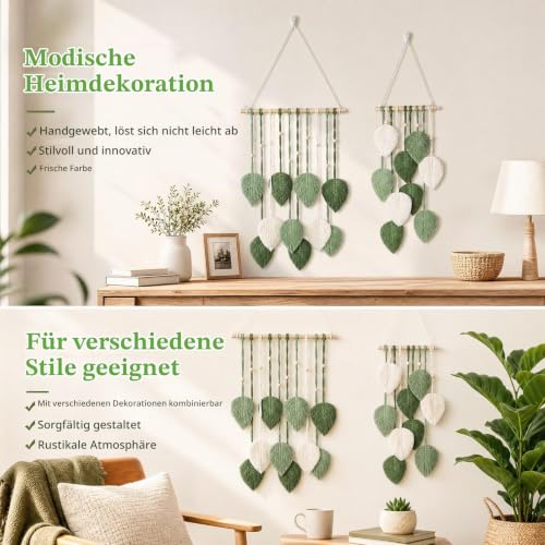 Makramee Wandbehang 2er Set – Boho Wanddeko mit Holzperlen & grünen Blättern, Handgemacht – Bild 6