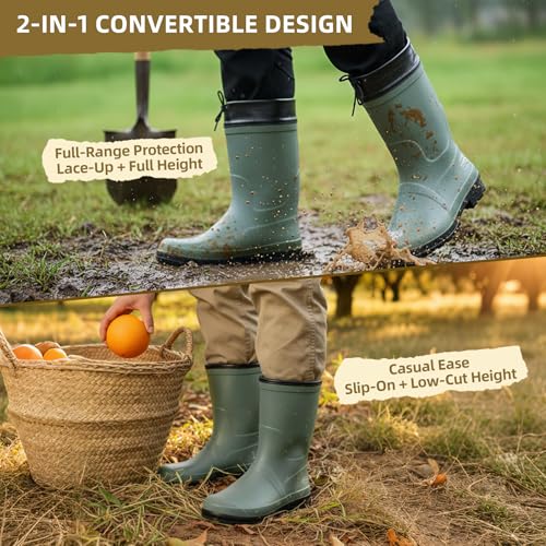 Image of Men's Natural Rubber Rain Boots - Mid Calf Waterproof Mud Boots for Gardening, Fishing & Farming, Lightweight Anti-Slip Deck Shoes, Hands-Free Removal