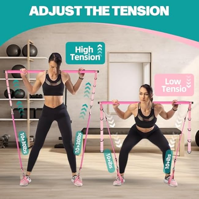 Multi-Functional Pilates Bar Kit with Resistance Bands, Ankle Bands for Leg Butt Training, Adjustable 3-Section for Full Body Workouts, Pilates Workout Equipment for Legs, Hip, Waist, Arm