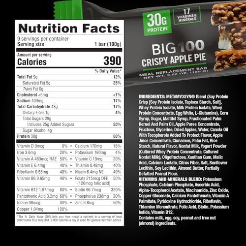 MET-Rx Big 100 Colossal Protein Bars, Crispy Apple Pie Meal Replacement Bars, 9 Count - Thumbnail 5