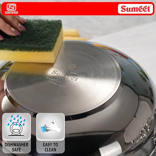 Image of Sumeet ISI Certified Stainless Steel Kadai with Steel Lid & Encapsulated Heavy Bottom |Induction and Gas Compatible | 3Ltr Capacity - 26cm Dia, Silver