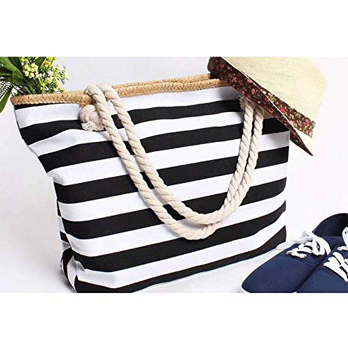 Large Canvas Striped Beach Bag - Top Zipper Closure - Waterproof Lining - Tote Shoulder Bag For Women's Shoulder… - Image 4