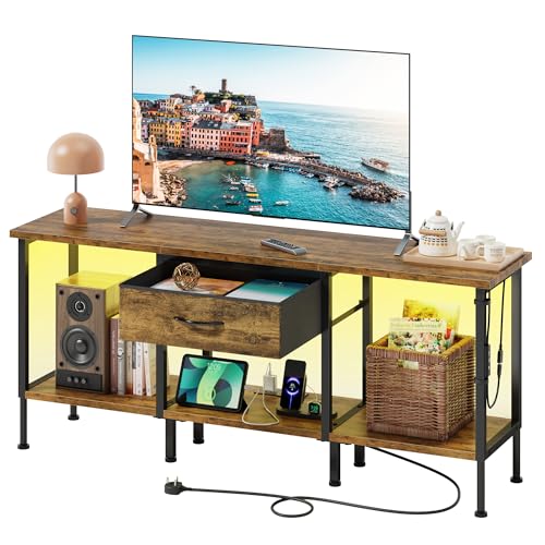 OYRREU LED TV Stand Unit for 55 50 Inch TV with Socket and USB Slots TV Cabinet with Fabric Drawer and Open Shelves 120 cm TV Stand Entertainment Center for Living Room Bedroom Rustic Brown