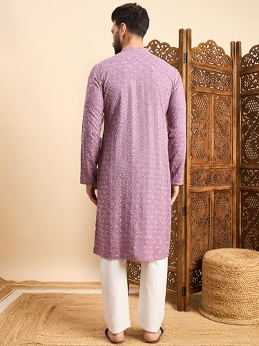 Image of Amazon Brand - Tavasya Men Rayon Geometric Embroidered Mandarin Collar Straight Kurta