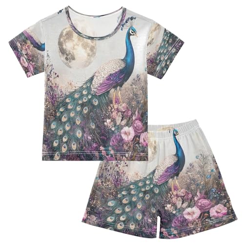 ALAZA Peacock Peony Blossom Bird Moon Pajamas Set Short Sleeve Cotton Sleepwear Summer Pjs 2 Piece 5-14Y