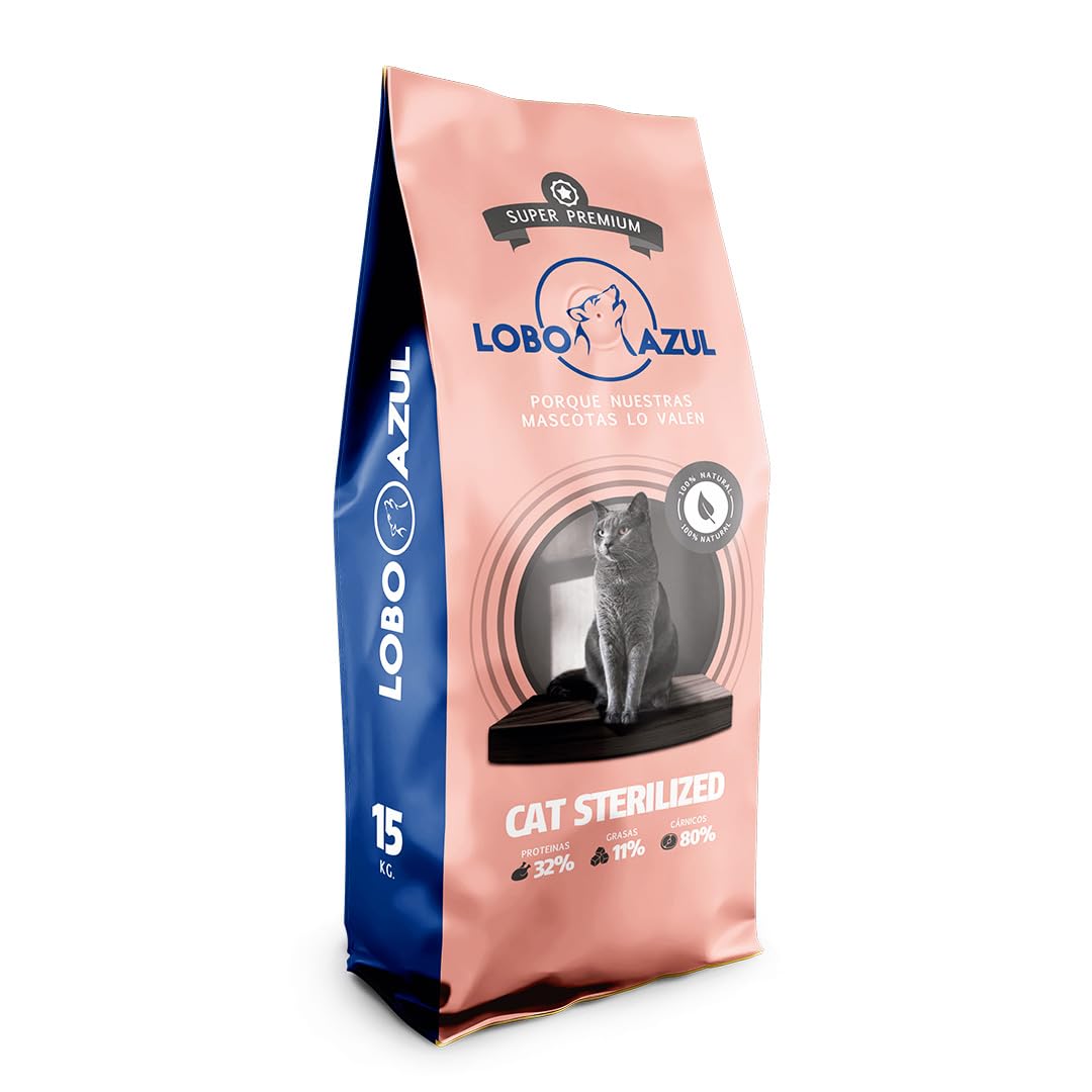 Cat Sterilized - Gatos Esterilizados - 100% Natural con - Buey, Pollo, Arroz Integral y Aceite de Salmón. Ideal para Control Peso, Gatos Sedentarios, Sobrepeso - Lobo Azul Super Premium