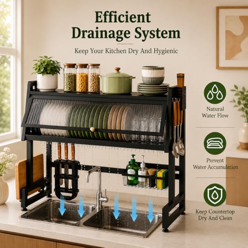 Image of COMFYHOME Over the Sink Dish Drying Rack for Kitchen More Sturdy Stable with Lid 105cm, Rust-Proof Durable, Features Knife Rack, Cutting Board Holder, Storage Basket Ideal for Dish Drainer Large Size
