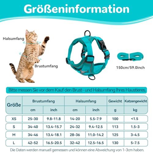 Verstellbares Katzengeschirr Ausbruchsicher, Katzengeschirr mit Leine Set, Softgeschirr für Katze Brustgeschirr für Katzen Kitten Hunde Welpen (Blauer See -L)