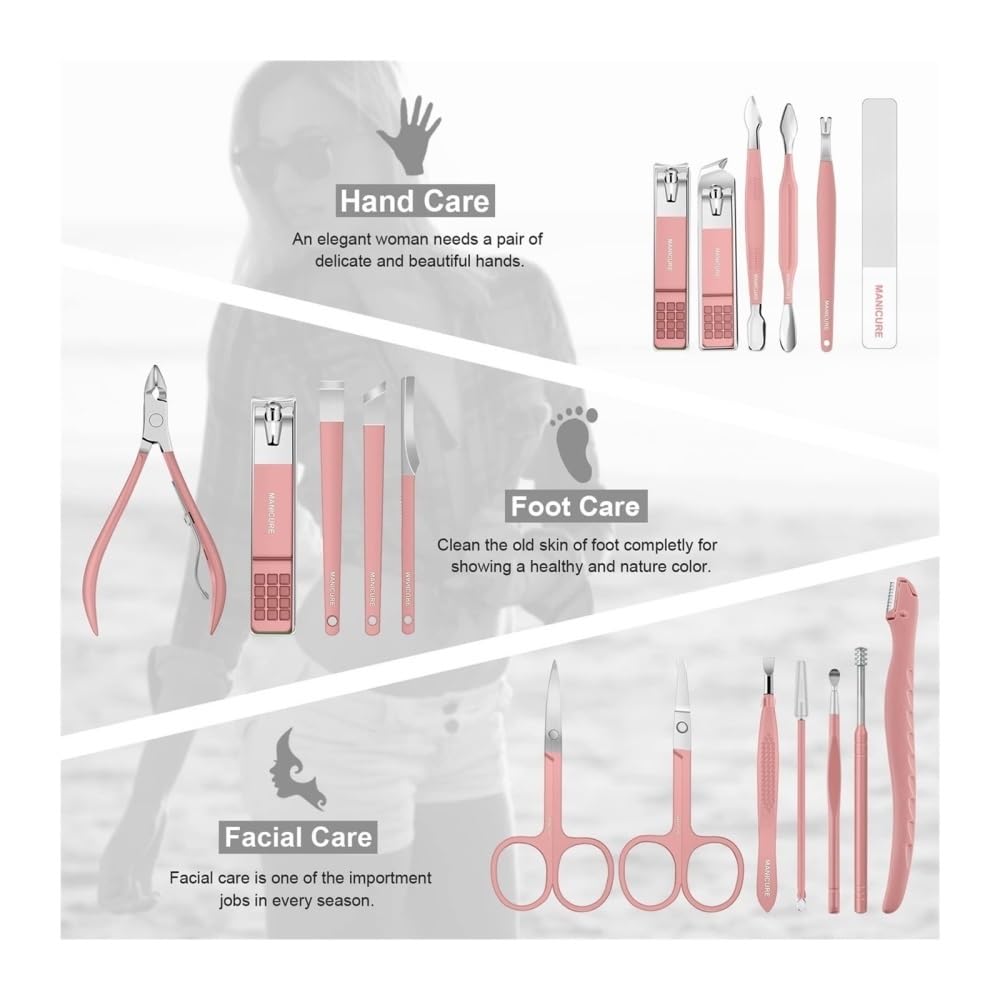 Zestaw do manicure dla kobiet, 18 Piece Professional Manicure Pedicure Kit, Nail Clippers Set with Travel Case(Pink)